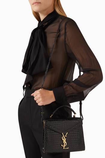 hover state of Mini Cassandra Top Handle Bag in Croc-embossed Shiny Leather  