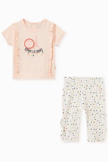 hover state of Ruffle Detail T-shirt & Pants Set in Cotton 