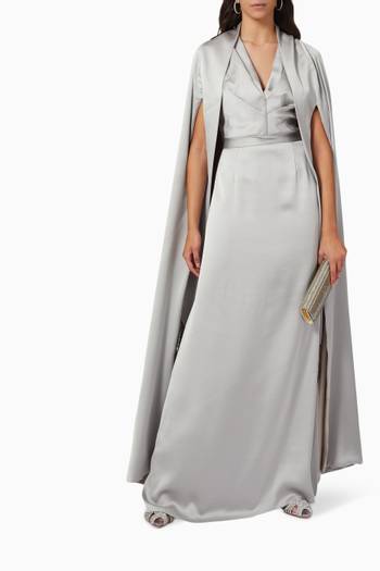 hover state of Column Gown with Cape in Twill Satin      