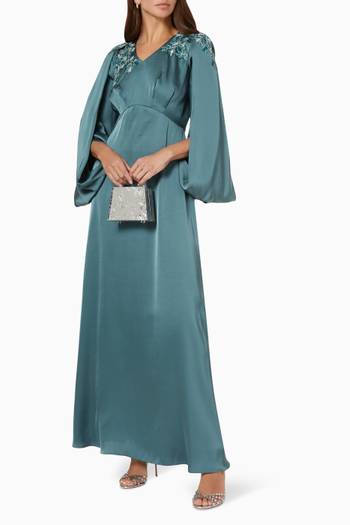 hover state of Embellished Drape Sleeve Maxi Dress in Silk Satin 