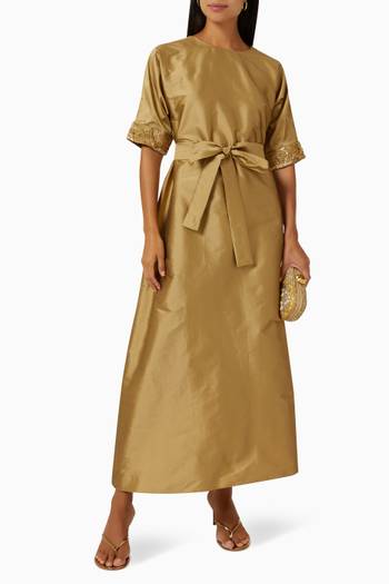 hover state of Embellished-cuff Belted Maxi Dress in Raw-silk