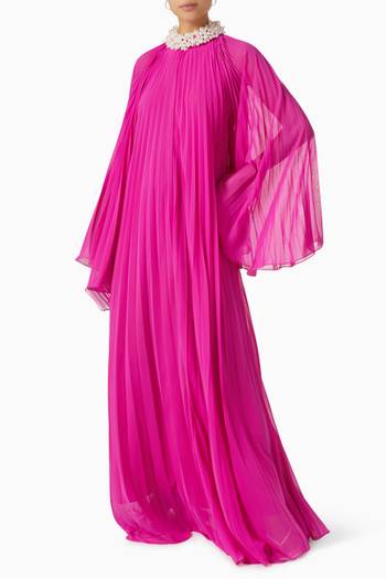 hover state of Pearl-embellished Pleated Maxi Dress