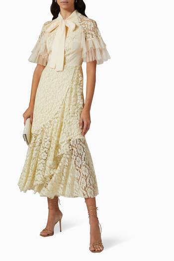 hover state of Ruffled Bow Midi Dress in Lace