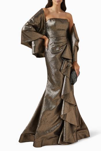 hover state of Ruffled Strapless Gown in Metallic-jersey