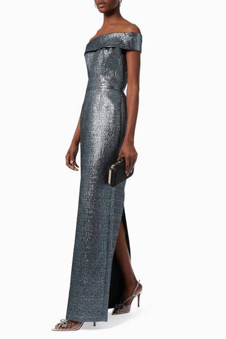 hover state of Off Shoulder Gown in Metallic Jacquard  