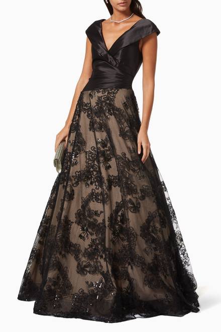 hover state of V Neck Gown with Lace Embroidery   