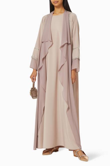 hover state of Asymmetric Abaya Set with Floral Embroidery  