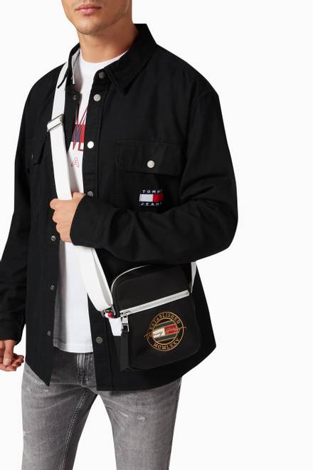 hover state of Small Signature Logo Embroidery Crossover Bag in Recycled Polyester   