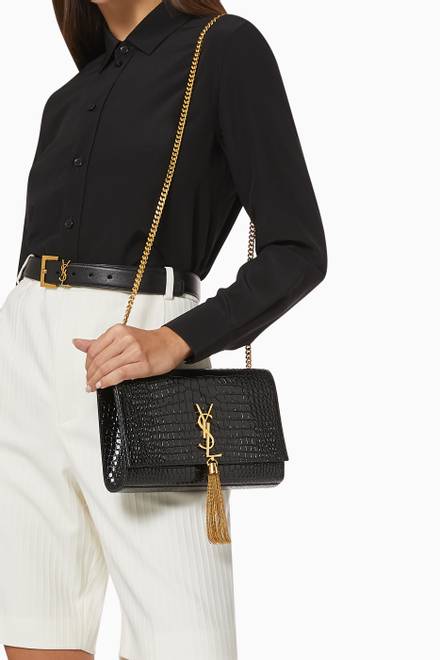 hover state of Medium Kate Bag in Croc-embossed Shiny Leather     