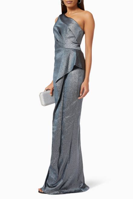 hover state of Ruched Peplum Gown in Metallic Jacquard  