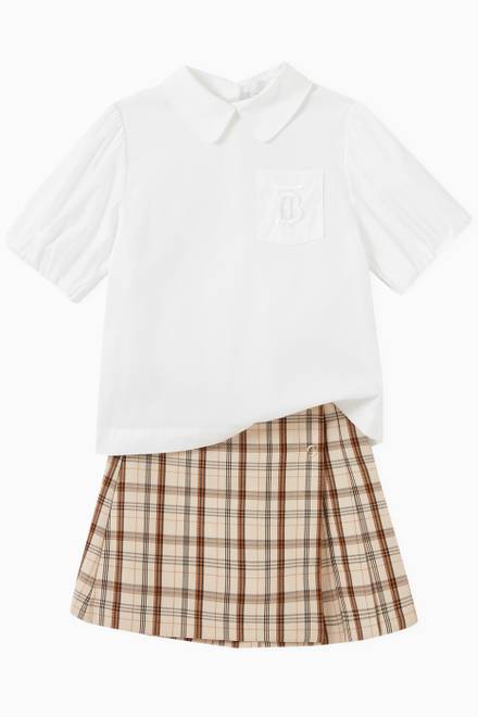 hover state of Logo Print Pleated Skirt in Check Wool      