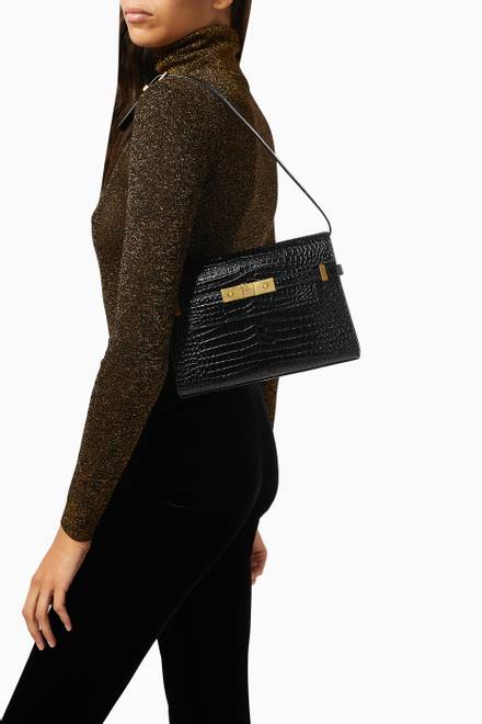 hover state of Manhattan Small Shoulder Bag in Shiny Crocodile-embossed Leather         