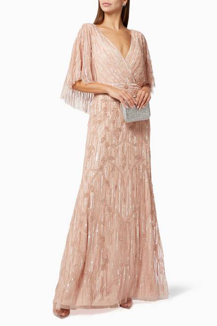 hover state of Wrap-front Beaded Cape Gown in Tulle