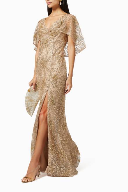 hover state of Cape Sleeve Gown in Beaded Glitter Tulle  
