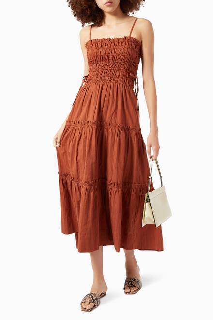 hover state of Kaia Shirred Tiered Midi Dress in Cotton   