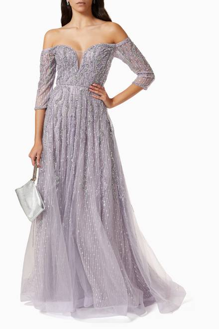 hover state of Off Shoulder Gown in Embroidered Tulle 