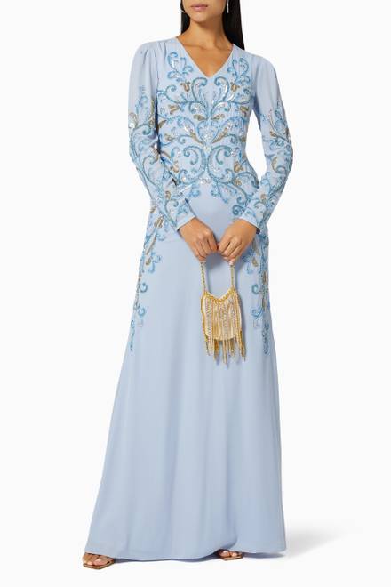 hover state of Long Sleeve Gown in Beaded Crepe   