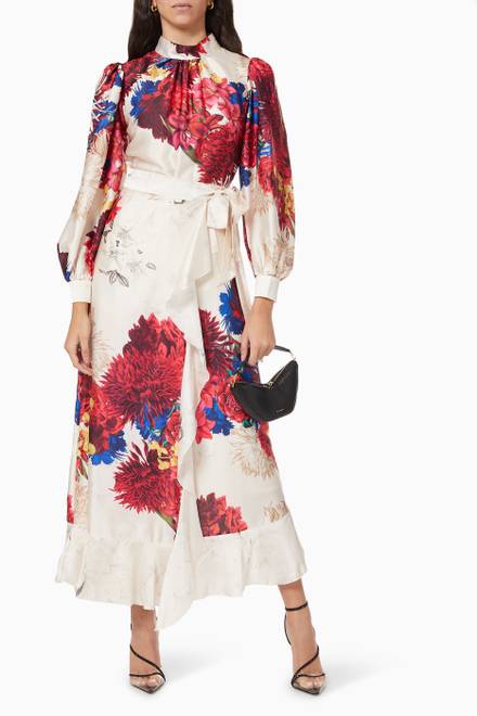hover state of Floral Wrap-around Maxi Dress in Crepe 