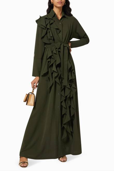 hover state of Ruffle Abaya with Sheila & Belt in Crepe  