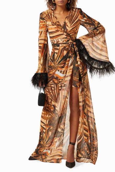 hover state of Kenya Kimono Dress in Printed Silk with Ostrich Feathers  