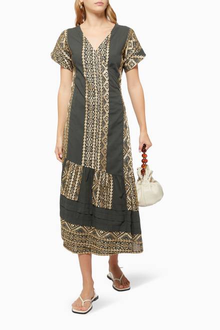 hover state of Contrast Embroidered Wrap Dress in Cotton 