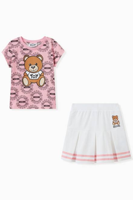 hover state of Circle Logo & Teddy Print T-shirt & Tennis Skirt Set