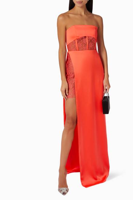 hover state of Strapless Maxi Gown in Crepe & Lace