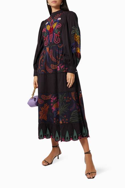 hover state of Tropical Tapestry Embroidered Midi Dress in Cotton  
