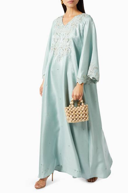 hover state of Floral Embroidered Kaftan in Crêpe Satin  