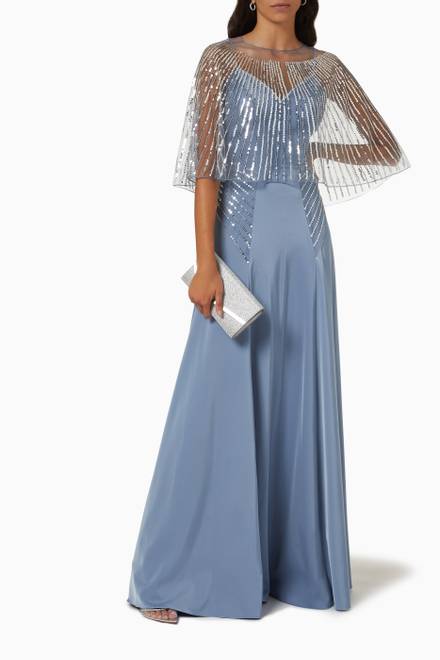 hover state of Sequin Embellished Cape Gown in Satin 