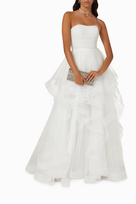 hover state of Embellished Ruffle Tiered Gown in Tulle Mesh 