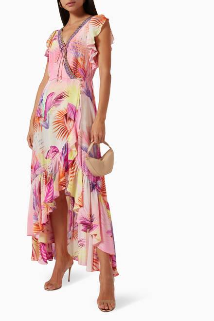 hover state of South Beach Sunrise Ruffle Wrap Dress in Silk  