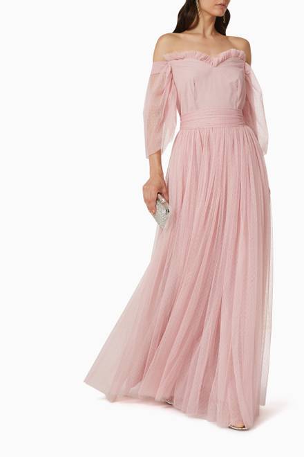 hover state of Off-the-shoulder Maxi Dress in Tulle Mesh 