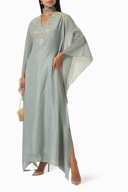 hover state of Moon Flower Embroidered Kaftan in Linen 
