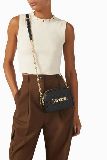 hover state of Logo Crossbody Bag in Quilted Faux Leather